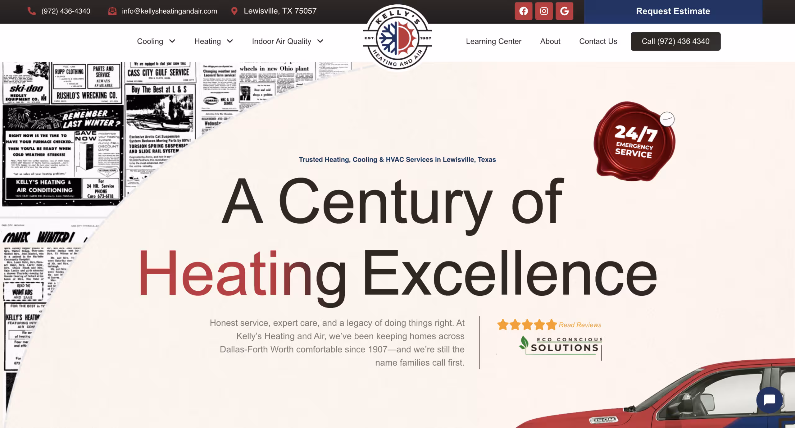 Kelly's Heating and Air hero, 'A Century of Heating Excellence', over a newspaper-clipping collage